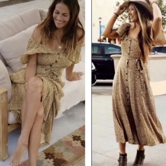 Anthropologie Bolano Leopard Print Romantic Ruffle Shoulder Dress Size 12 Large - Picture 2 of 9